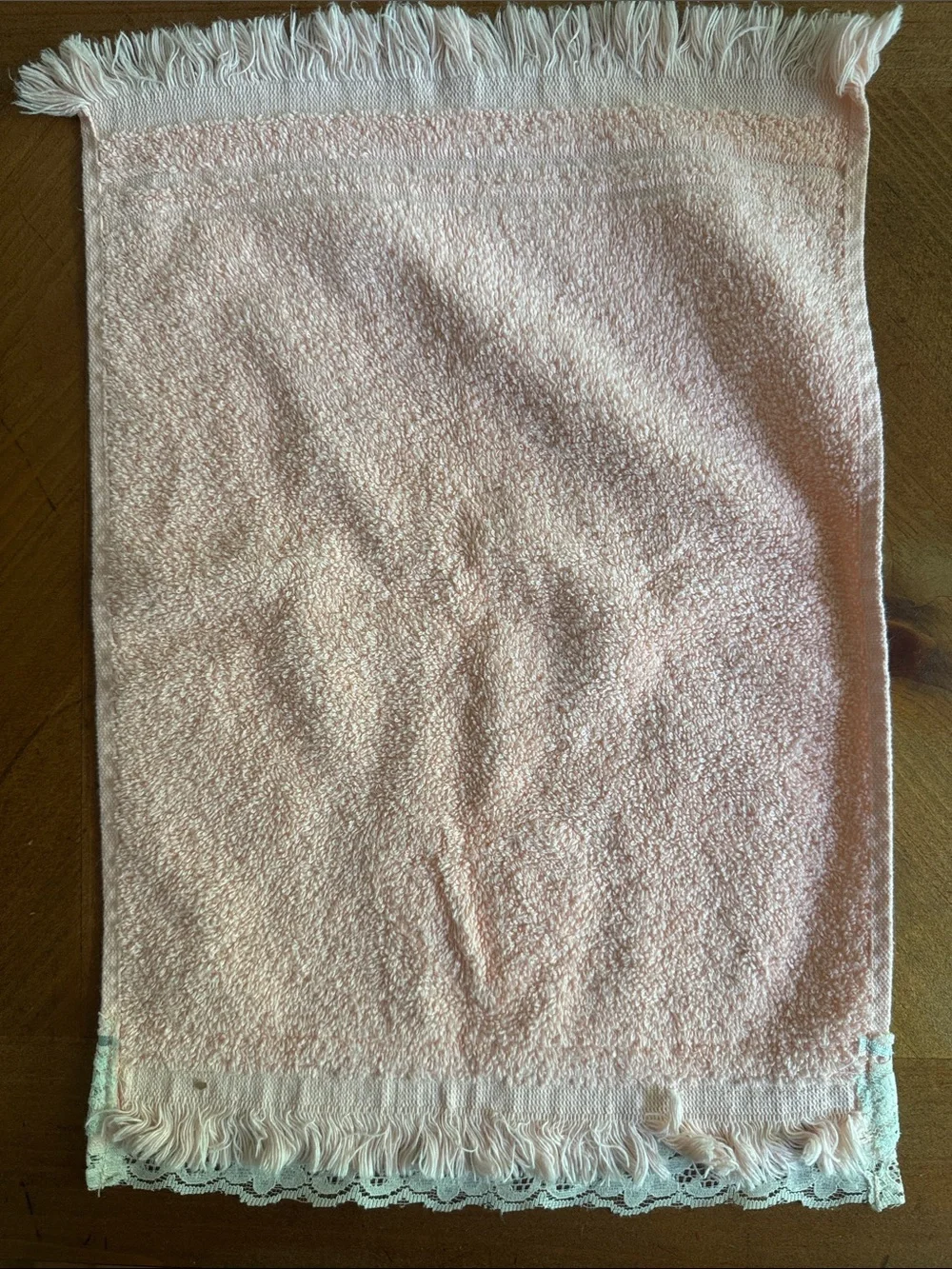 vintage soft pink wash cloths  white crochet heart appliqués and lace trim